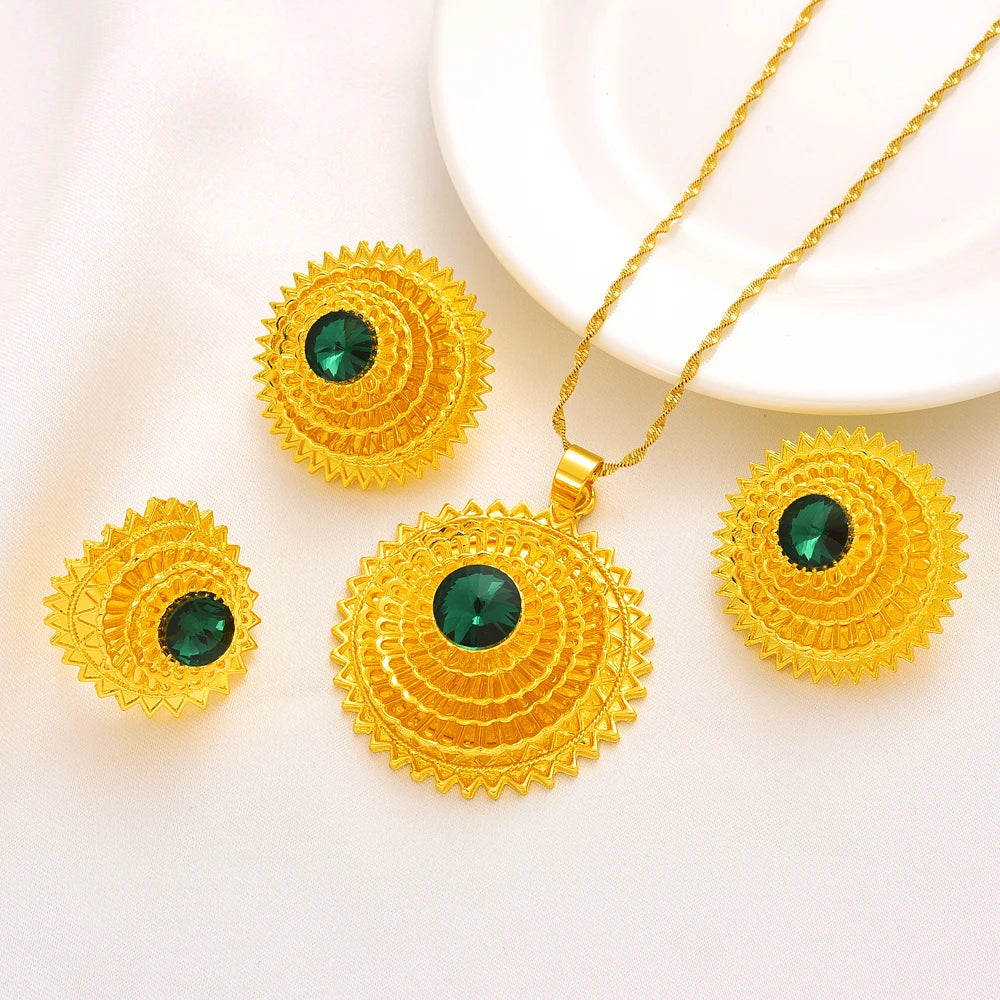 Ethiopian Gold/Silver Plated Bridal Jewelry Sets Necklace Earrings Ring Gifts Wedding Jewellery Set For Women