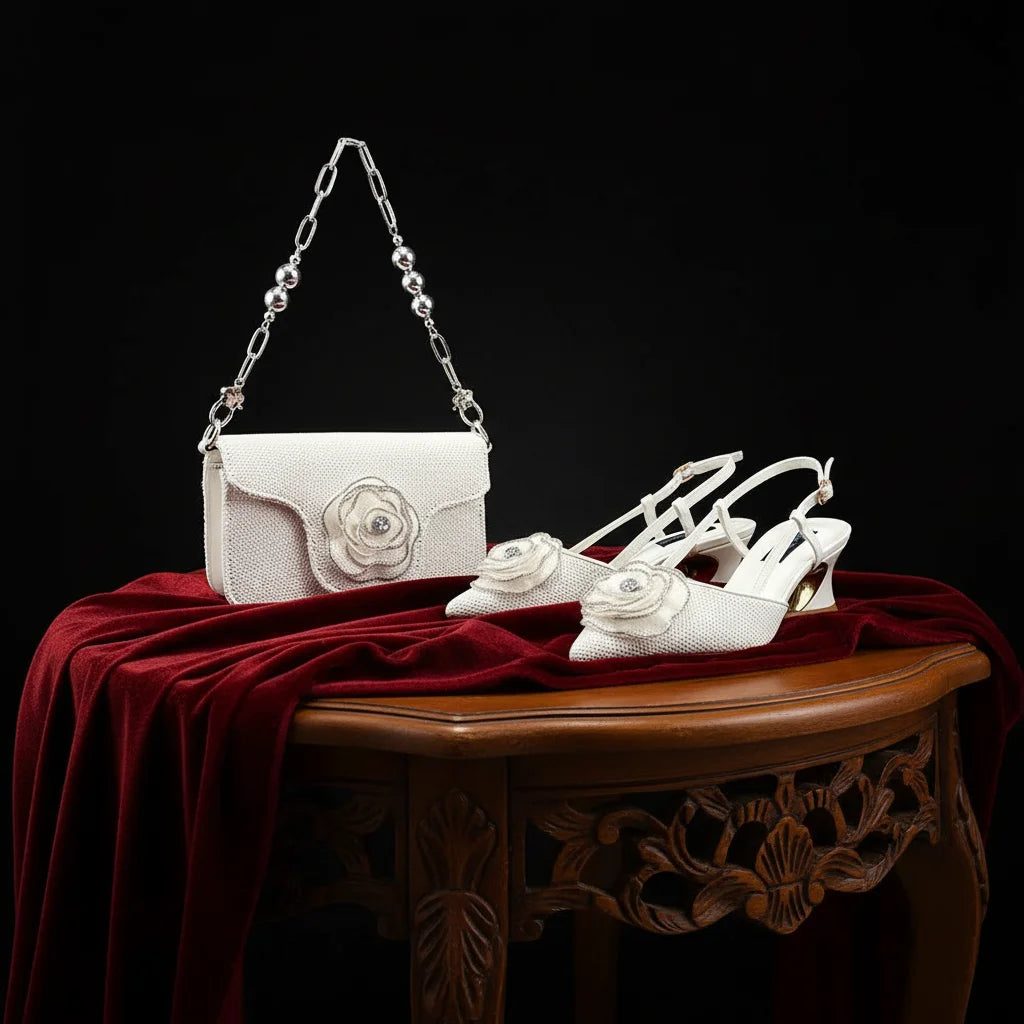 Nigerian High-end Women Shoes and Bag Paired with Sequined Handbags Mid-heeled Shoes From the Workplace to Banquets Or Wedding