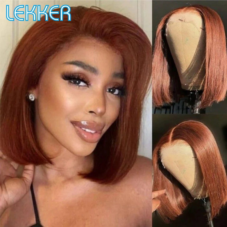Lekker 100% Human Hair Wig Highlight Brown Long Pixie Straight Bob Middle Part Lace Front For Women Brazilian Remy Hair Glueless