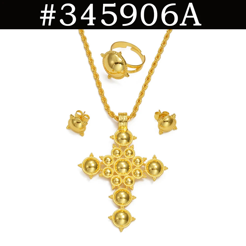 Anniyo Ethiopian Cross Necklace Earrings Rings African Party Jewelry Set Women  Eritrean Habesha Accessories @345906A