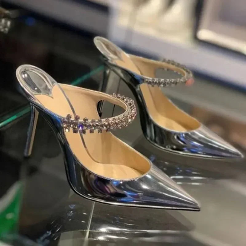 2026 New Fashionable Fine Heeled Muller Shoes with Pointed Water Diamond Chain Banquet Shallow Mouth Women's High Heel Sandals