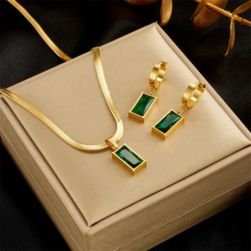 Stainless Steel Square Green Crystal Zircon Necklace Earrings For Women Girl New Fashion Non-fading Jewelry Set