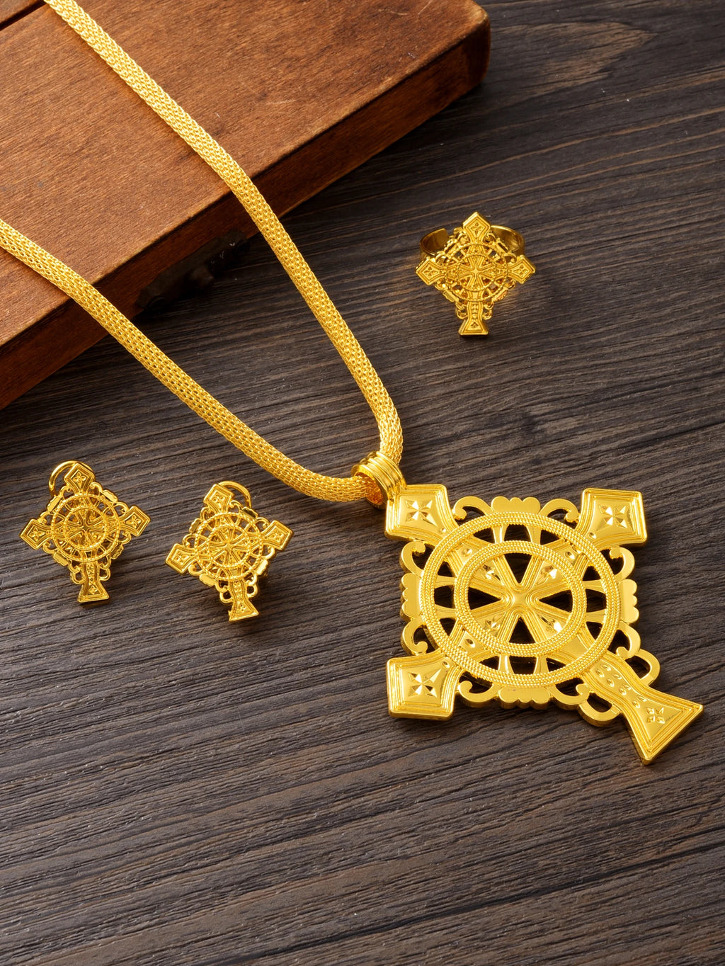NEW Golden Color Ethiopian Cross Jewelry Set Necklace Earrings Ring 3-Piece Set African Eritrean Holiday Wedding Engagement Gift