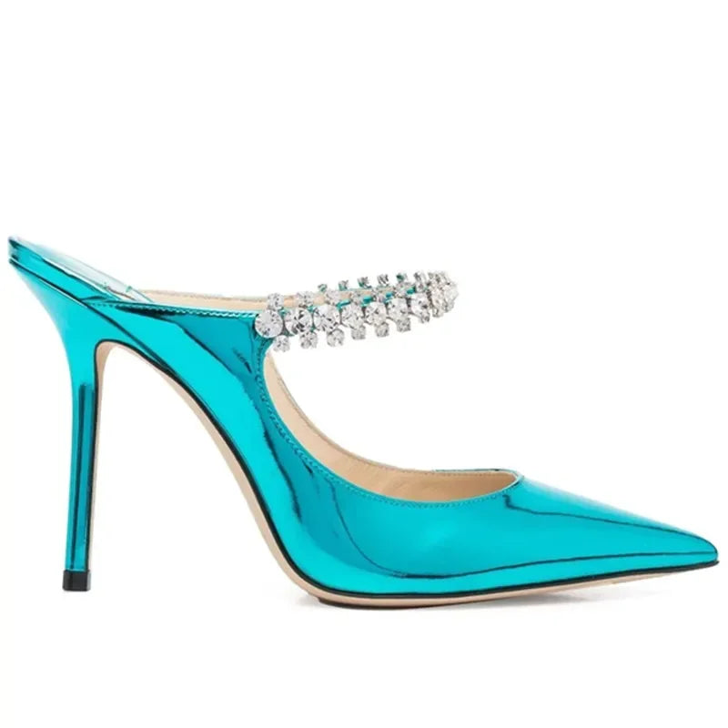 2026 New Fashionable Fine Heeled Muller Shoes with Pointed Water Diamond Chain Banquet Shallow Mouth Women's High Heel Sandals