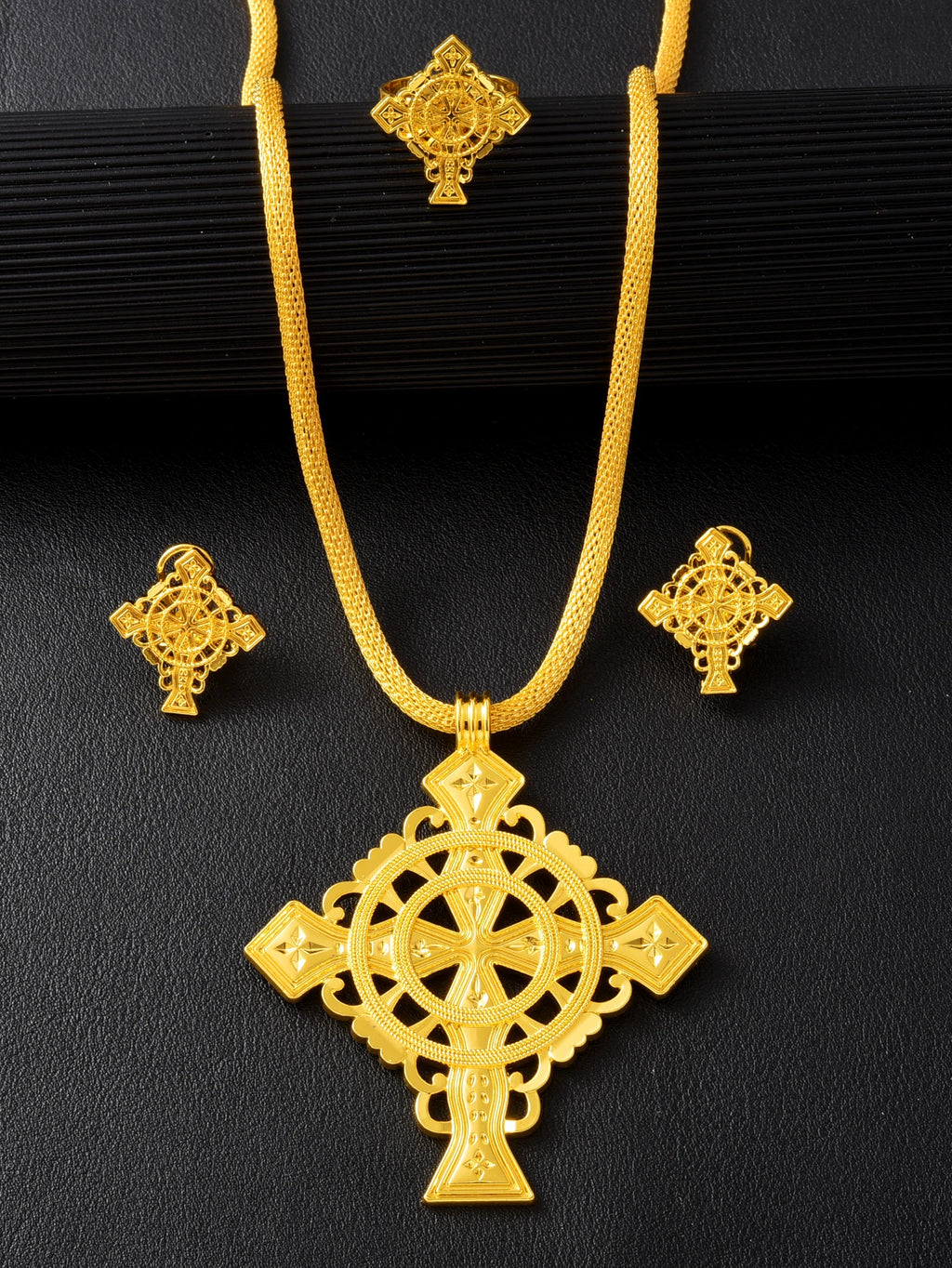 NEW Golden Color Ethiopian Cross Jewelry Set Necklace Earrings Ring 3-Piece Set African Eritrean Holiday Wedding Engagement Gift
