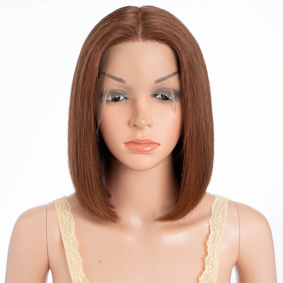 Lekker 100% Human Hair Wig Highlight Brown Long Pixie Straight Bob Middle Part Lace Front For Women Brazilian Remy Hair Glueless