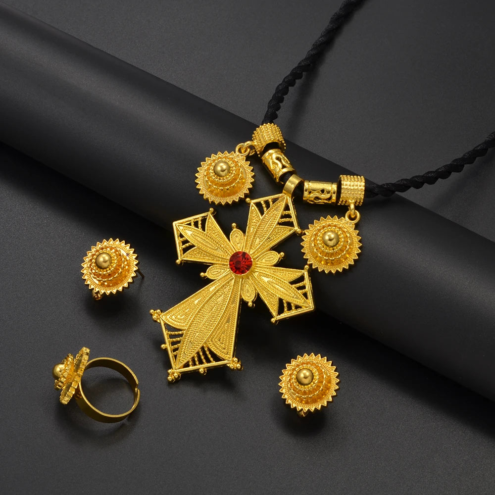 Anniyo  NEW African Cross Necklaces Earrings Ring Jewelry Sets Ethiopian Eritrean Engagement Ornament #300216