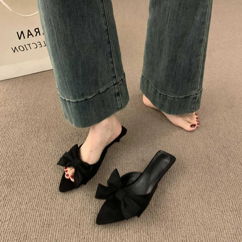Women's Summer Butterfly-knot Low Heel Slippers Elegant Open Toe Party Dress Shoes Fashion Outdoor Ladies Slides