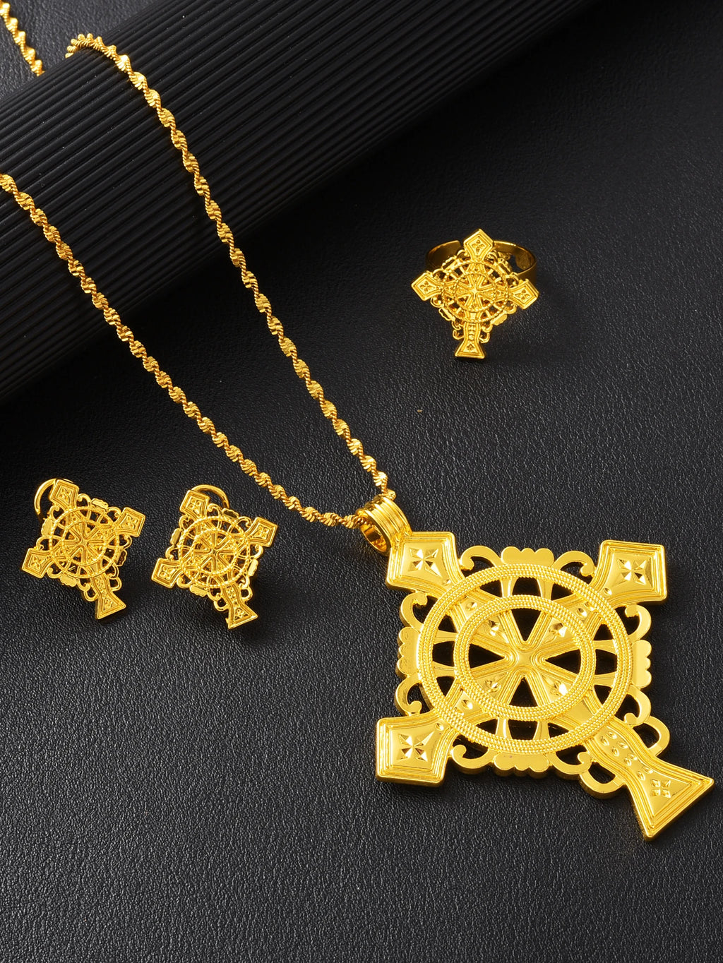 NEW Golden Color Ethiopian Cross Jewelry Set Necklace Earrings Ring 3-Piece Set African Eritrean Holiday Wedding Engagement Gift