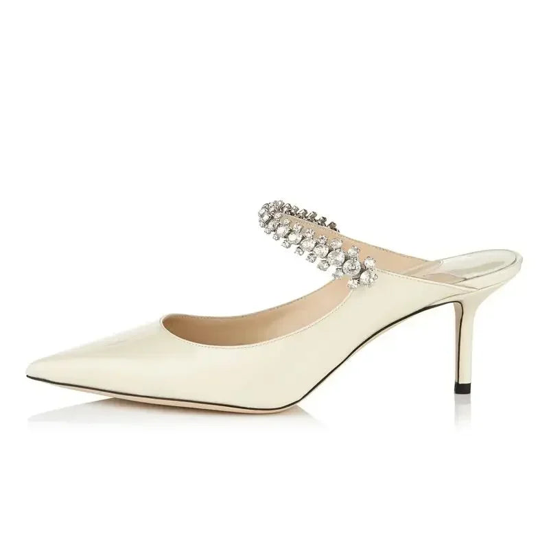 2026 New Fashionable Fine Heeled Muller Shoes with Pointed Water Diamond Chain Banquet Shallow Mouth Women's High Heel Sandals