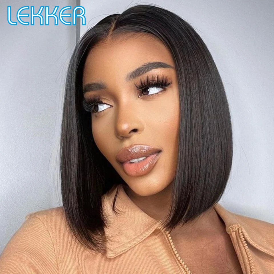 Lekker 100% Human Hair Wig Highlight Brown Long Pixie Straight Bob Middle Part Lace Front For Women Brazilian Remy Hair Glueless