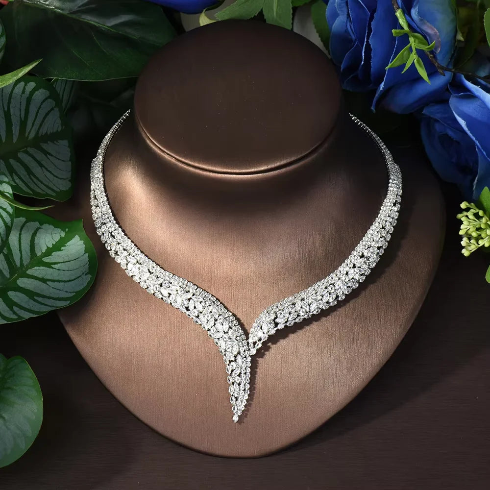 Costume Show Jewellery Geometric Set Cubic Zirconia Deluxe Large Necklace and Earrings Bridal Wedding Dating Accessories S-350