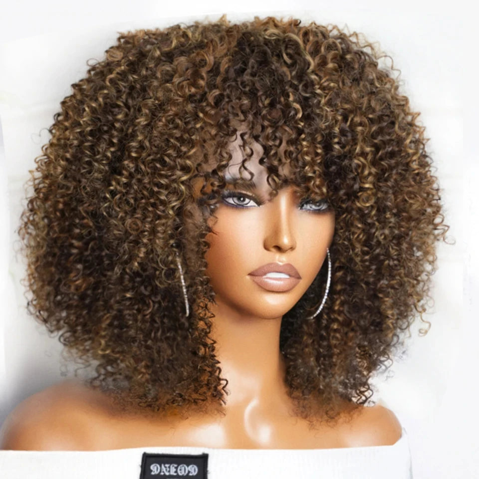 Natural Brown Color Afro Kinky Curly Human Hair Wigs with Bangs Wear & Go Glueless Wig Remy Brazilian Short Curly Human Hair Wig