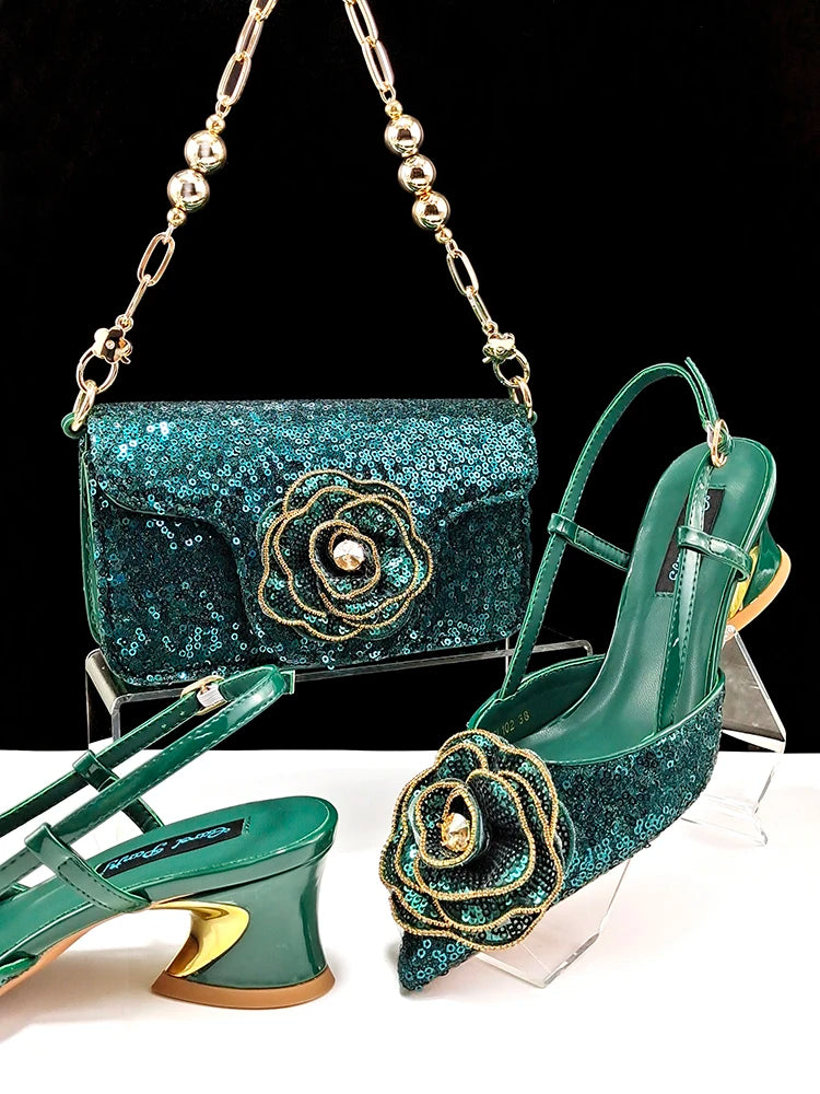 Nigerian High-end Women Shoes and Bag Paired with Sequined Handbags Mid-heeled Shoes From the Workplace to Banquets Or Wedding