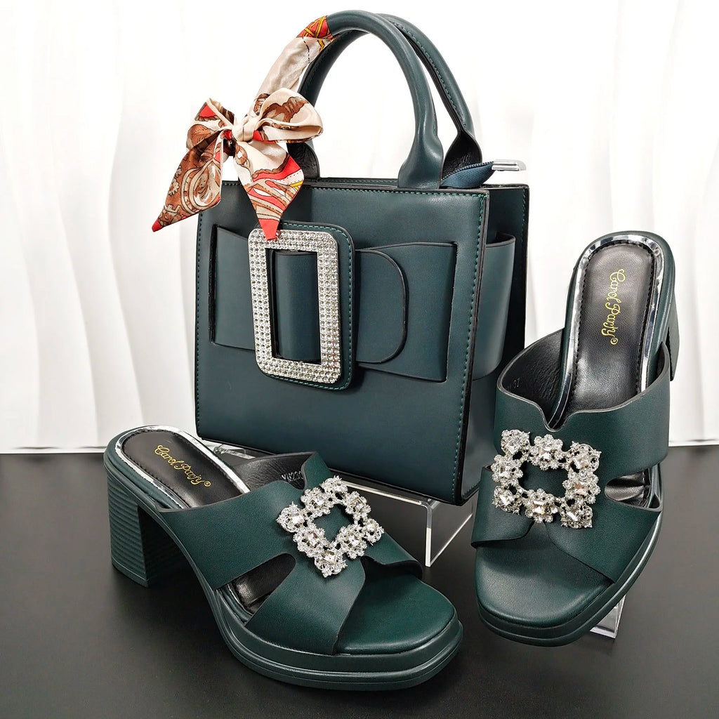 African Fashion Women's DK.Green Sandals With Square Fine Clutch Bag Italian Design Casual Style Shoes And Bag Set