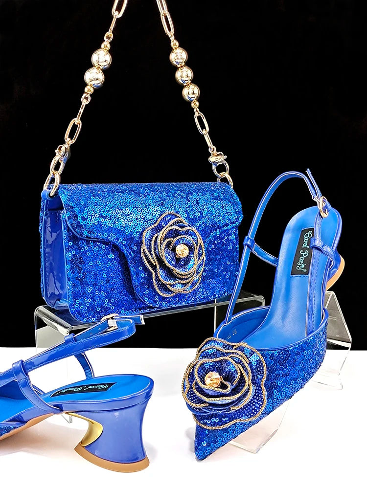 Nigerian High-end Women Shoes and Bag Paired with Sequined Handbags Mid-heeled Shoes From the Workplace to Banquets Or Wedding