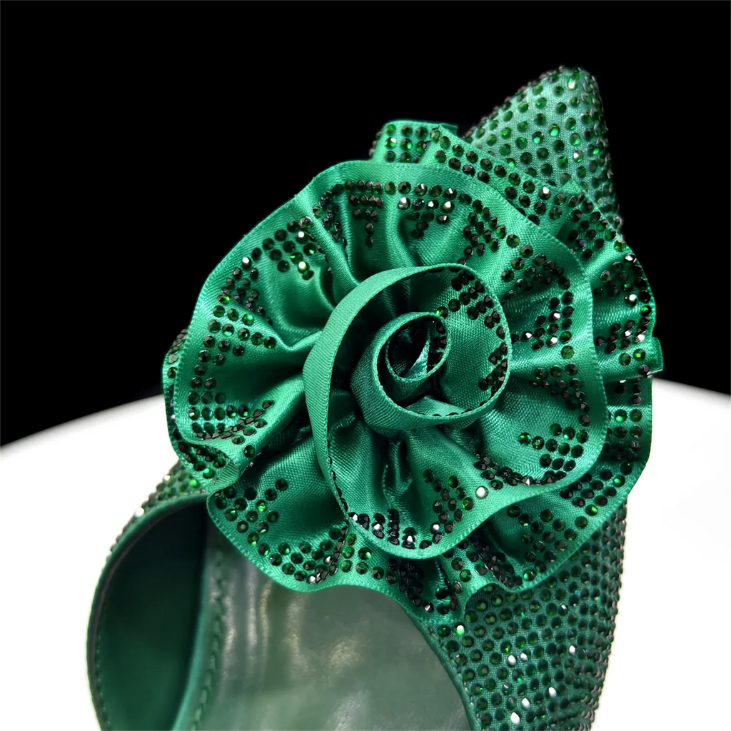 2026 Luxury Green 3D Rose Rhinestone Shoes And Bag Set Women Pointed Toe Slingback High Heels Matching Clutch For Wedding Party