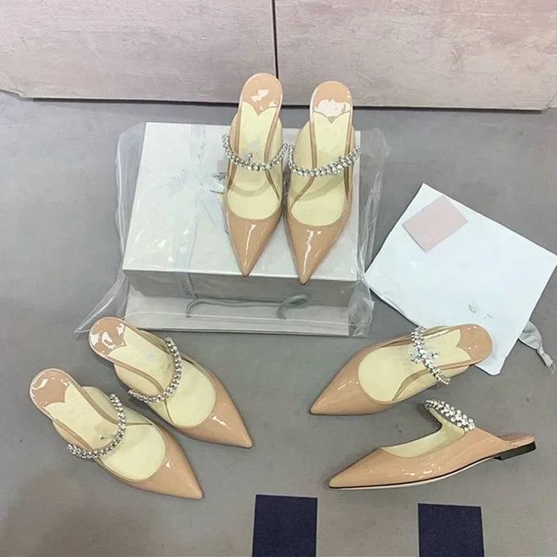 2026 New Fashionable Fine Heeled Muller Shoes with Pointed Water Diamond Chain Banquet Shallow Mouth Women's High Heel Sandals