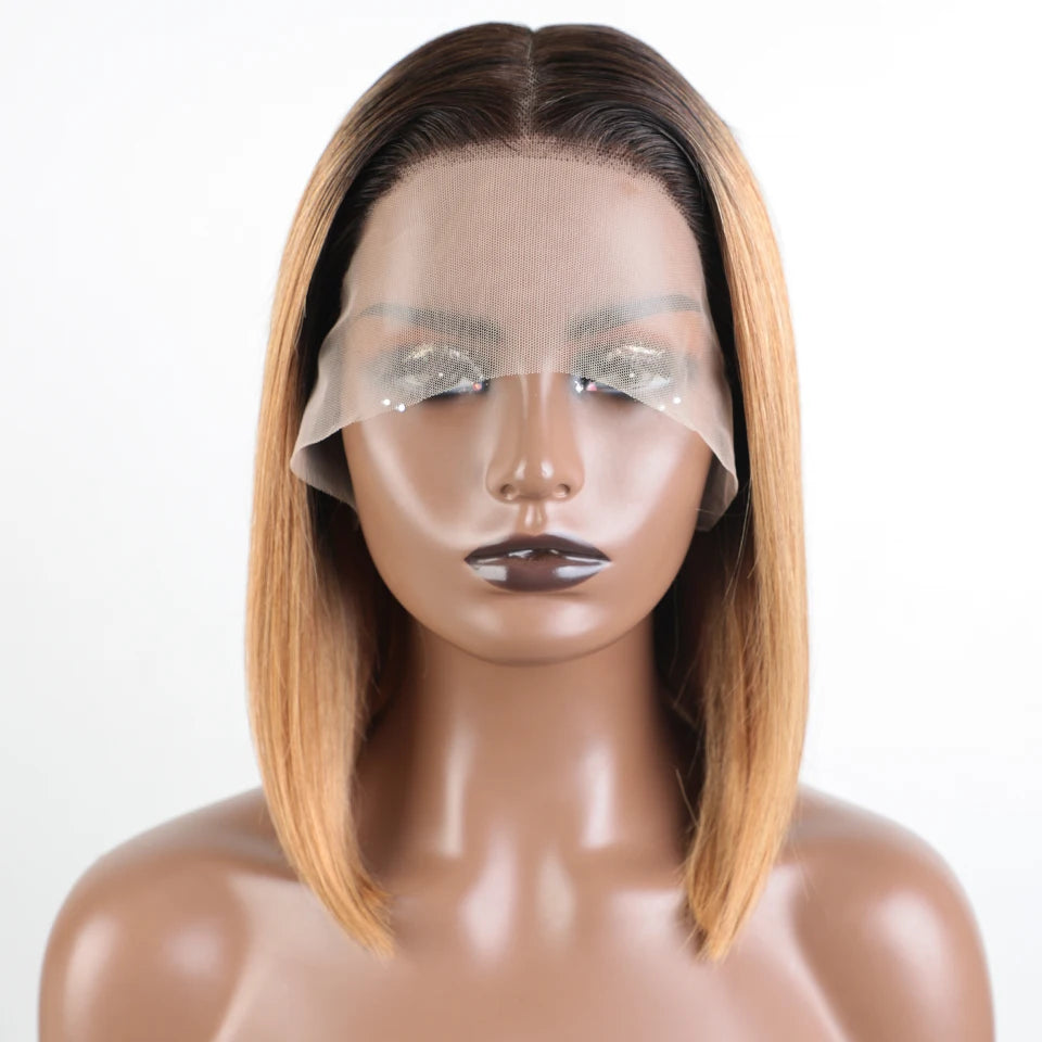 Lekker 100% Human Hair Wig Highlight Brown Long Pixie Straight Bob Middle Part Lace Front For Women Brazilian Remy Hair Glueless
