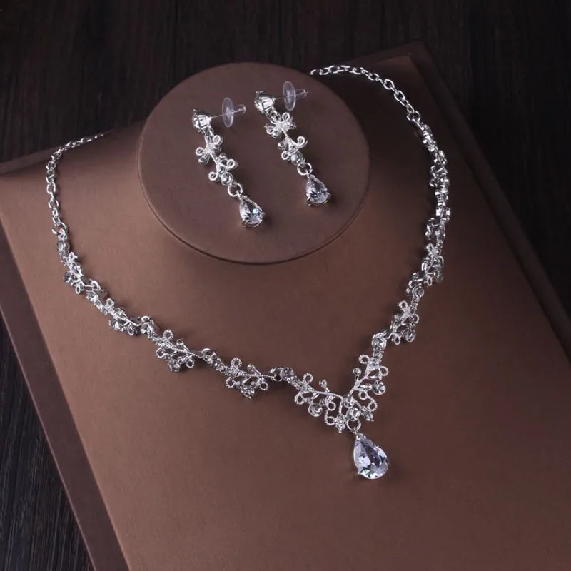 Luxury Silver Color Crystal Water Drop Bridal Jewelry Set Rhinestone Tiara Crown Necklace Earring Set Bridal Wedding Jewelry Set