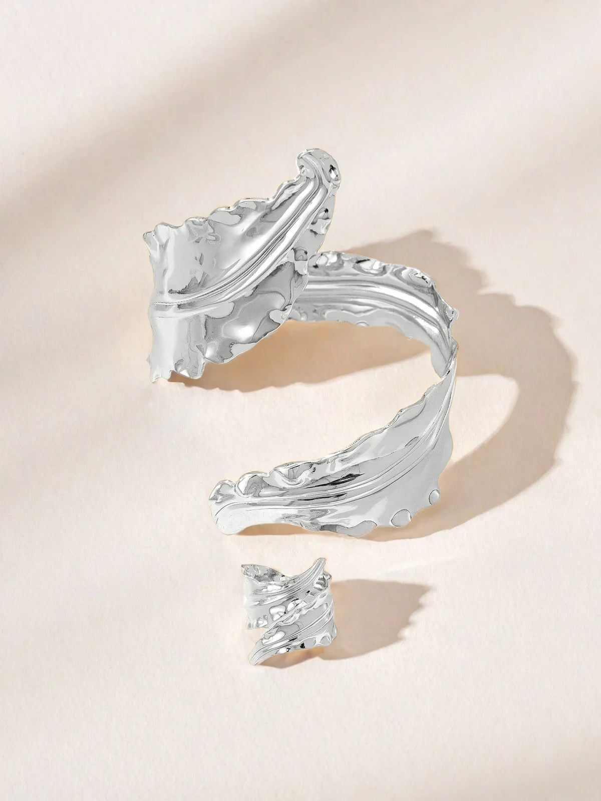 Vintage Fashion Gold Folded Leaf Bracelet Spiral Opening Adjustable Ring Set Women