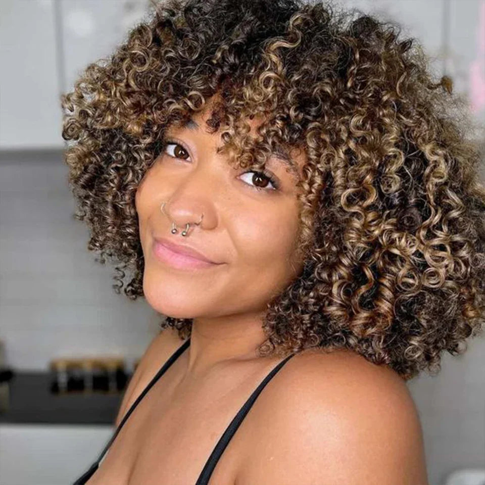 Natural Brown Color Afro Kinky Curly Human Hair Wigs with Bangs Wear & Go Glueless Wig Remy Brazilian Short Curly Human Hair Wig