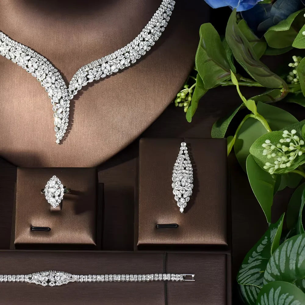 Costume Show Jewellery Geometric Set Cubic Zirconia Deluxe Large Necklace and Earrings Bridal Wedding Dating Accessories S-350