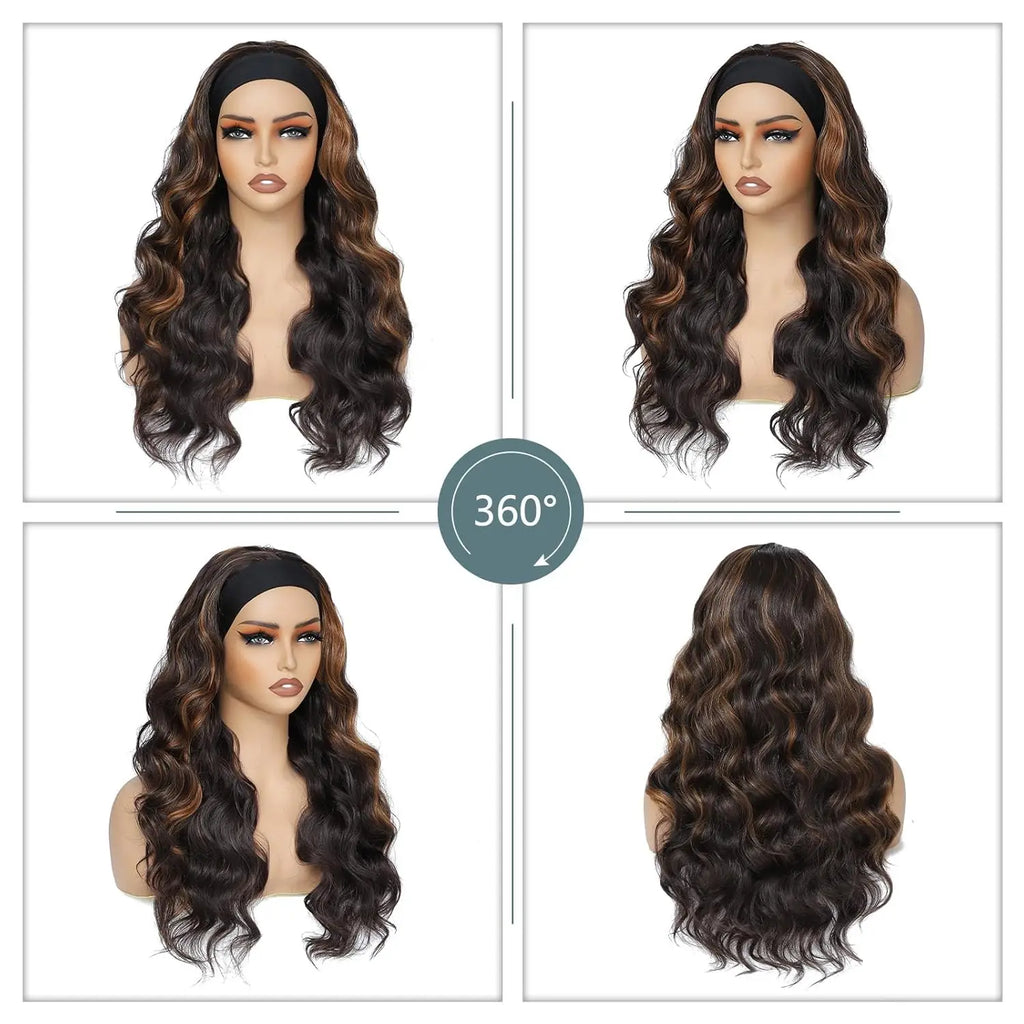 Long Synthetic Wavy Headband Wig for Women Black Wigs with Brown Blonde Highlight 200% Denisty Headband Wigs Glueless Wig Daily