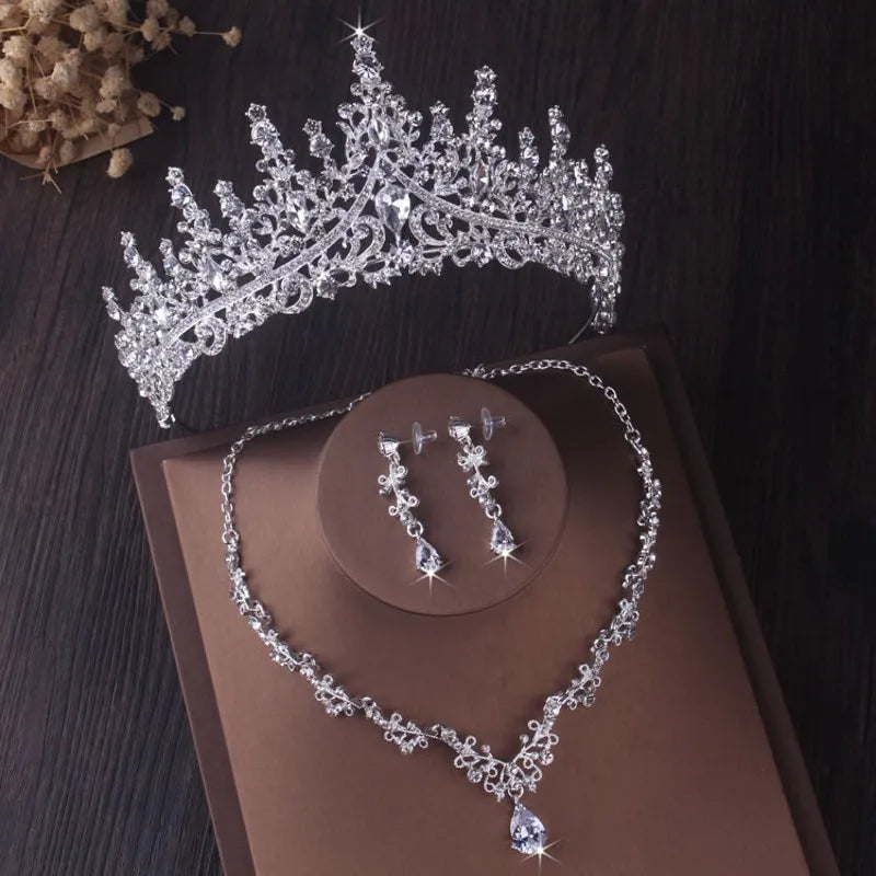 Luxury Silver Color Crystal Water Drop Bridal Jewelry Set Rhinestone Tiara Crown Necklace Earring Set Bridal Wedding Jewelry Set