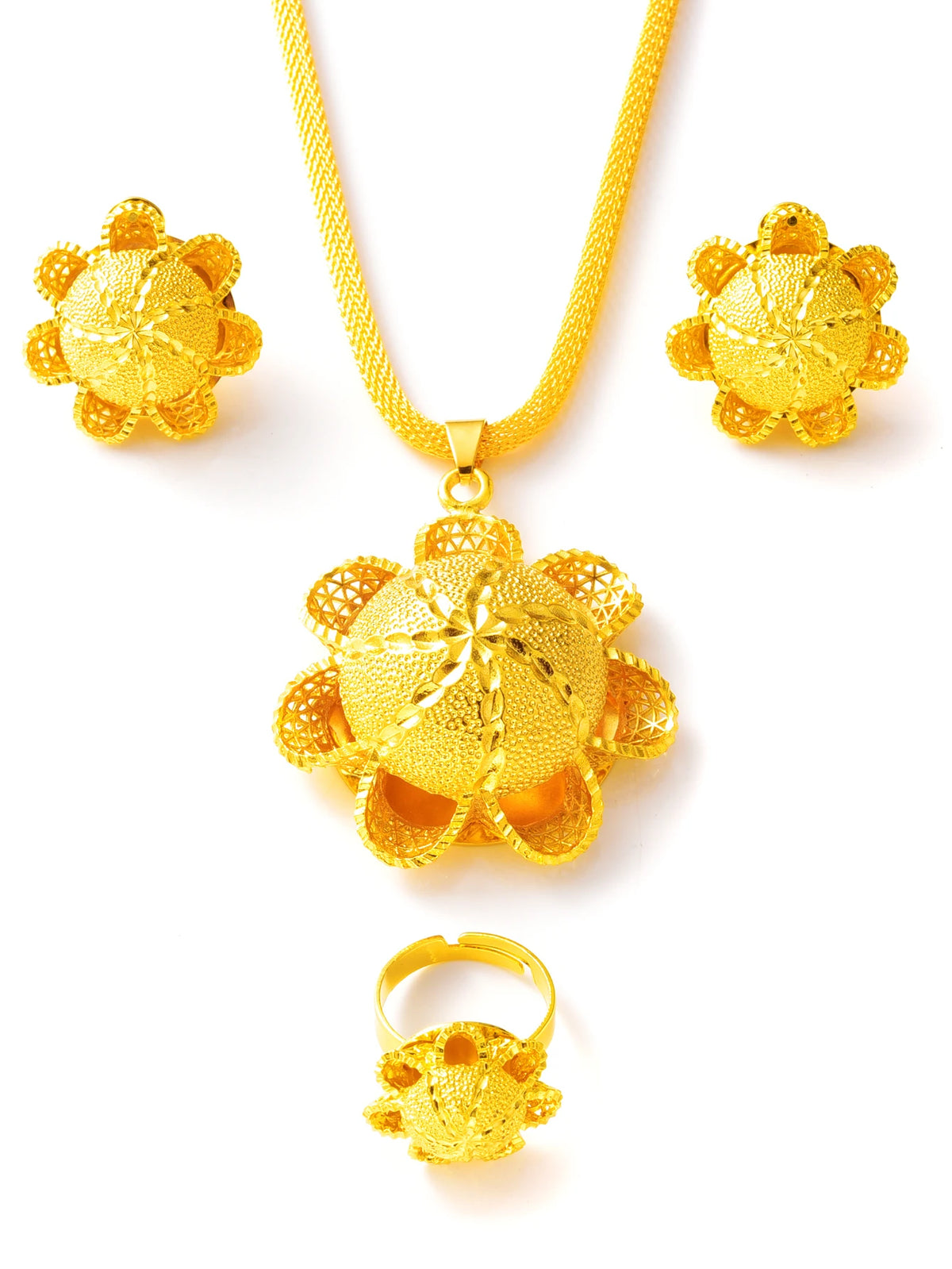 Ethiopian Flower Design 3-Piece Jewelry Set Golden Color Women Pendant Necklace Earrings Ring Bridal Wedding Gift