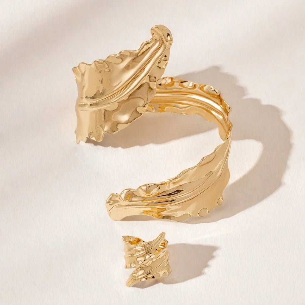 Vintage Fashion Gold Folded Leaf Bracelet Spiral Opening Adjustable Ring Set Women