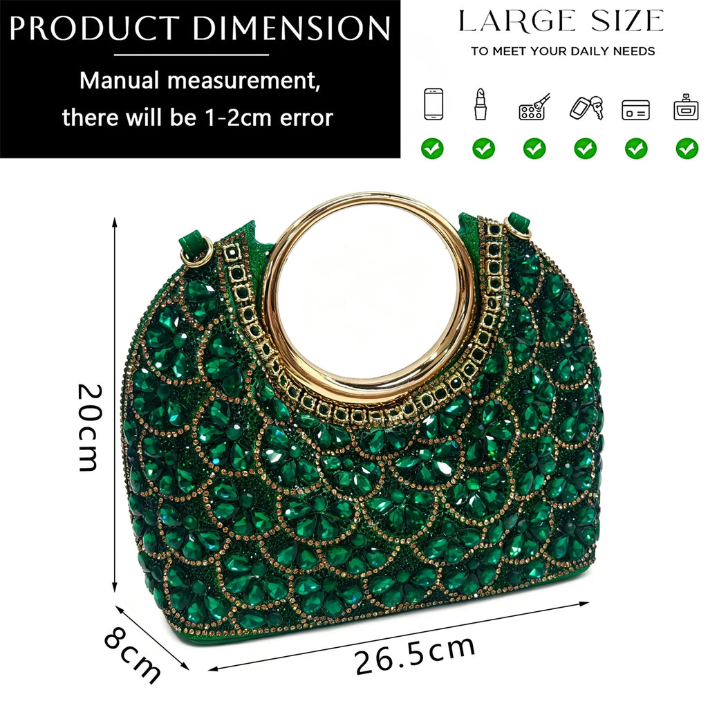 2026 INS Italian Design Elegant Green Rhinestone Pointed Toe High Heels & Handbag Set - Ideal for Weddings and Special Occasions