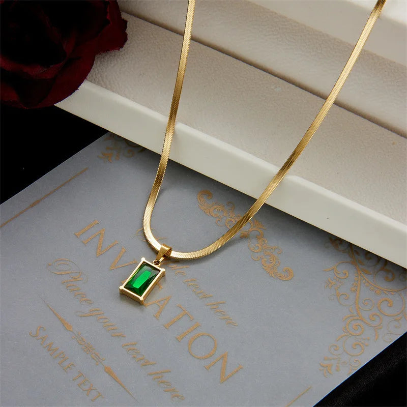 Stainless Steel Square Green Crystal Zircon Necklace Earrings For Women Girl New Fashion Non-fading Jewelry Set
