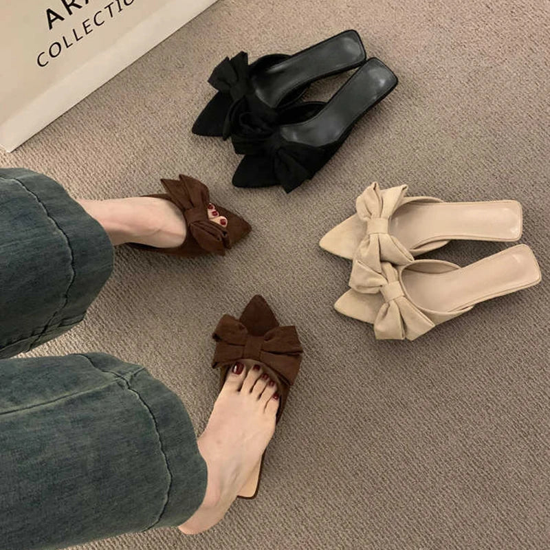 Women's Summer Butterfly-knot Low Heel Slippers Elegant Open Toe Party Dress Shoes Fashion Outdoor Ladies Slides