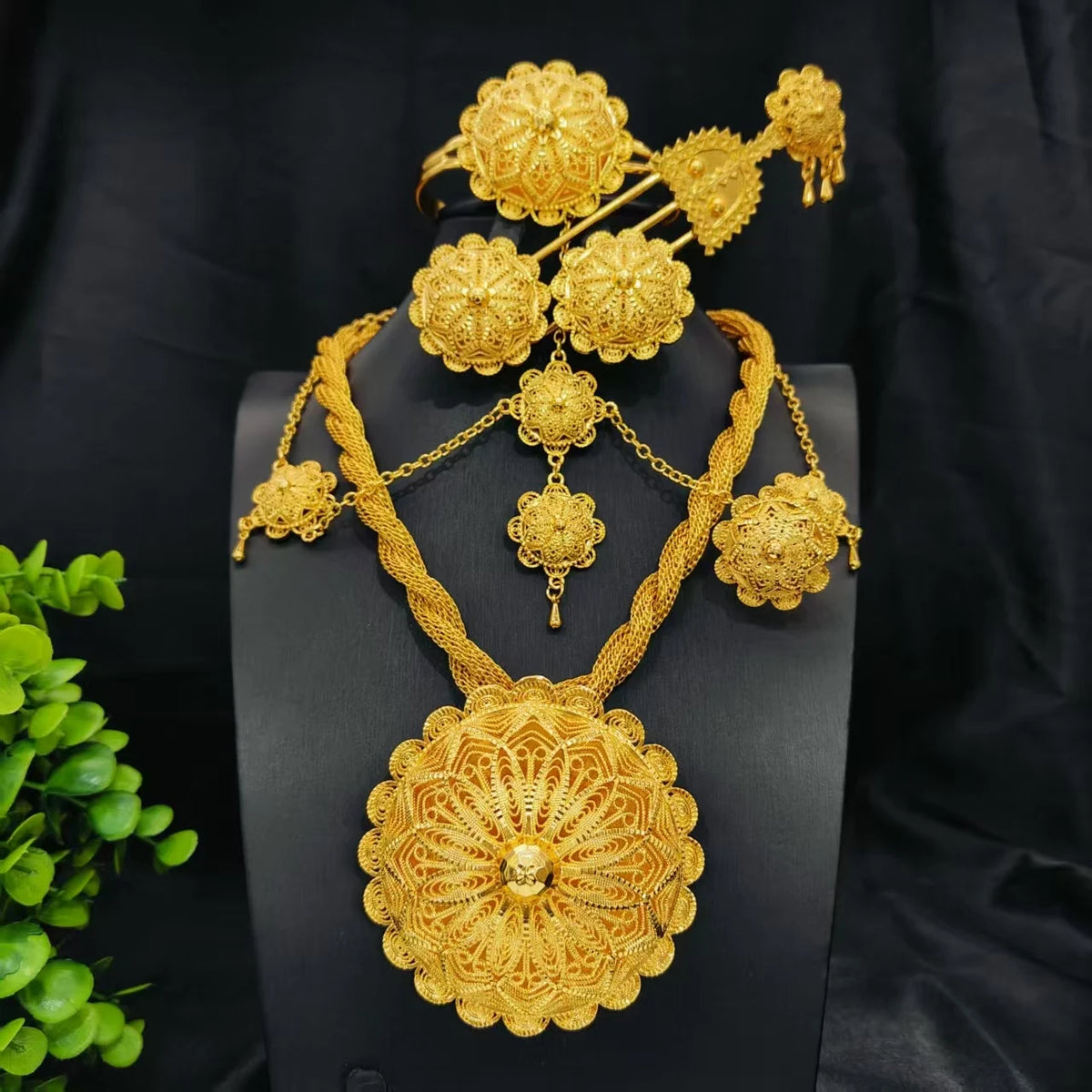 Africa India 24k Plated Gold Ethiopia Big Pendant Necklace 6PCS Jewelry Set For Woman's Wedding Engagement