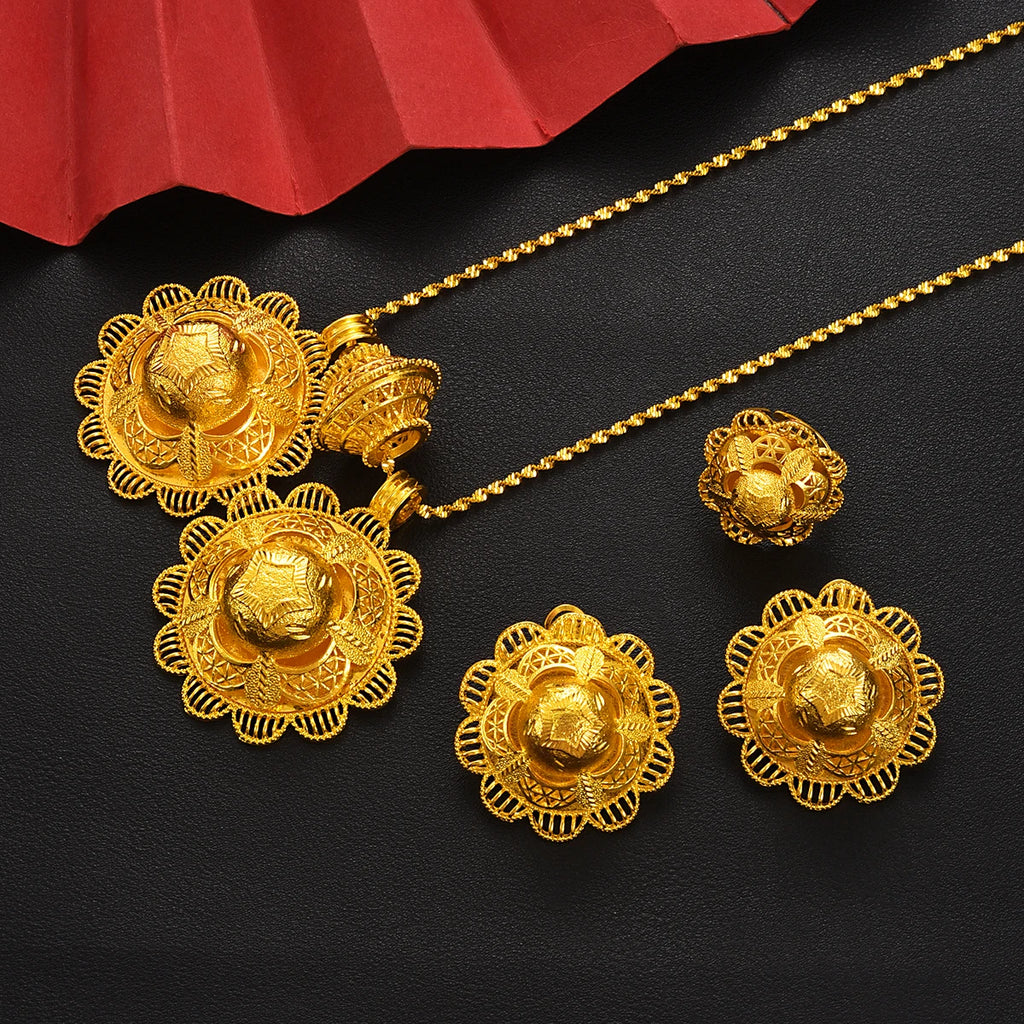 Traditional Eritrean Golden Color Jewelry Set Hollow-out Flower Star Double Pendant 3-Piece Set Ethiopian Wedding Jewelry Gift