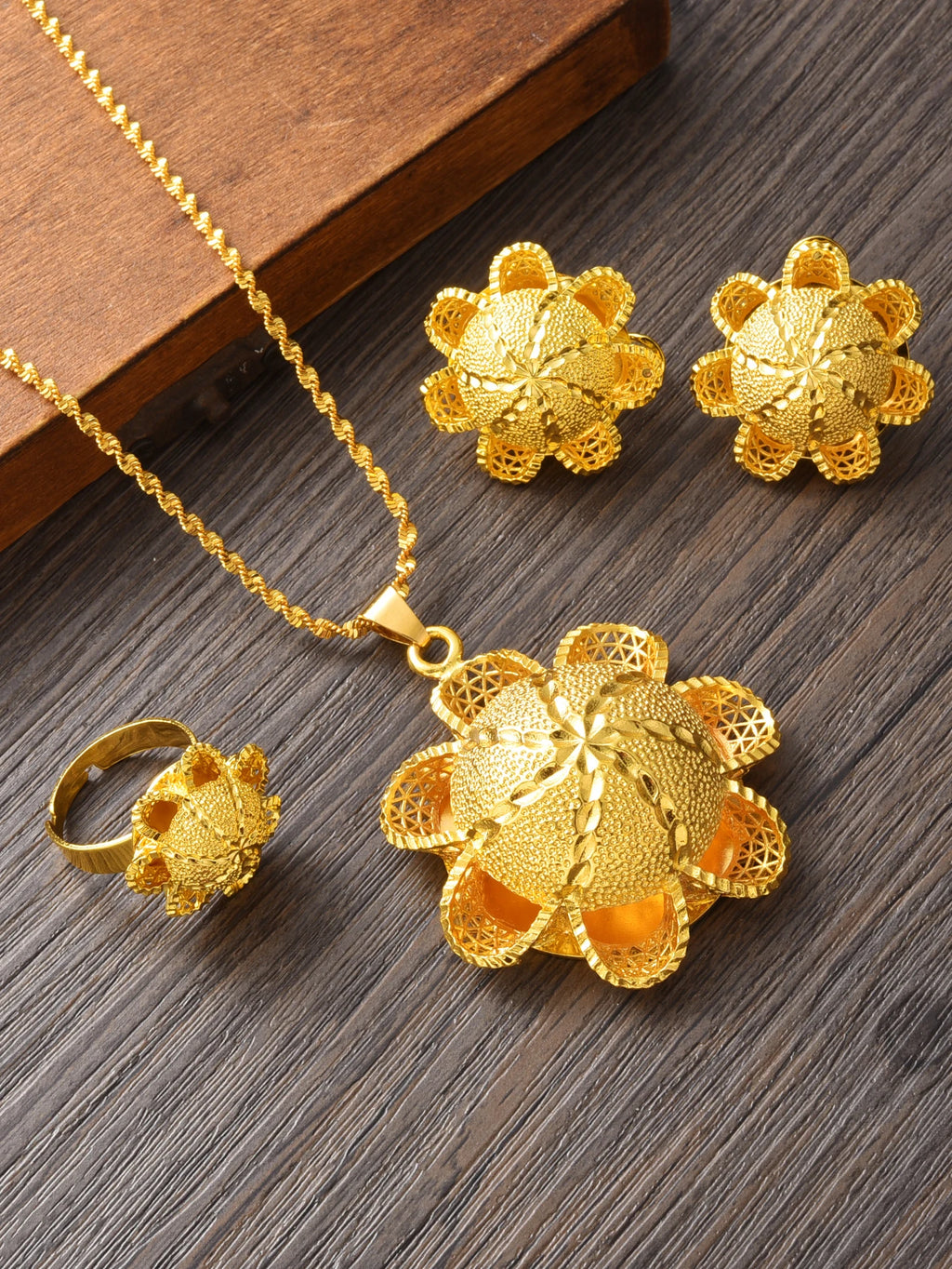Ethiopian Flower Design 3-Piece Jewelry Set Golden Color Women Pendant Necklace Earrings Ring Bridal Wedding Gift