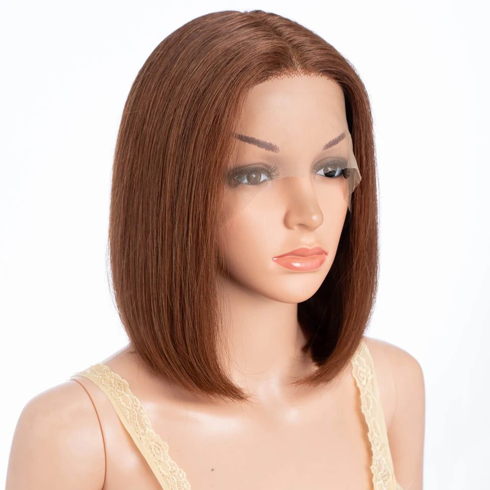 Lekker 100% Human Hair Wig Highlight Brown Long Pixie Straight Bob Middle Part Lace Front For Women Brazilian Remy Hair Glueless