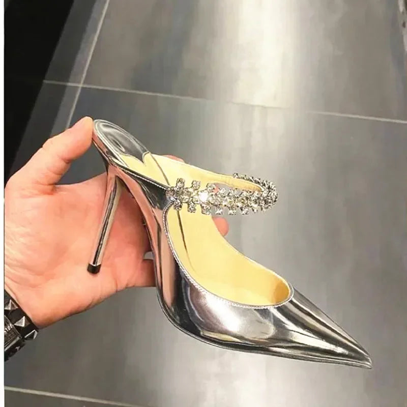 2026 New Fashionable Fine Heeled Muller Shoes with Pointed Water Diamond Chain Banquet Shallow Mouth Women's High Heel Sandals