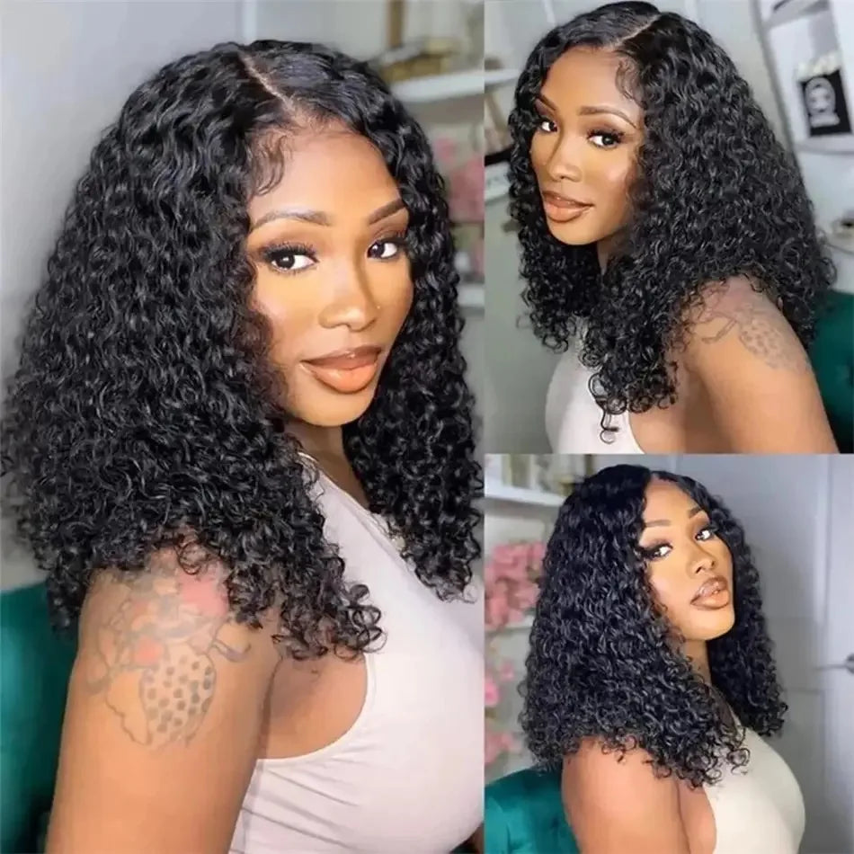 Short Bob Cut Kinky Curly Black Color 13X4 HD Transparent Lace Frontal Synthetic Wigs Glueless Wig Preplucked With Baby Hair