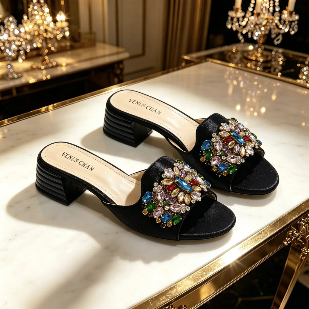 Venus Chan 2026 Luxury Italian Dark Black Rhinestone Peep Toe High Heels & Matching Bag for Women - Elegant Sandals