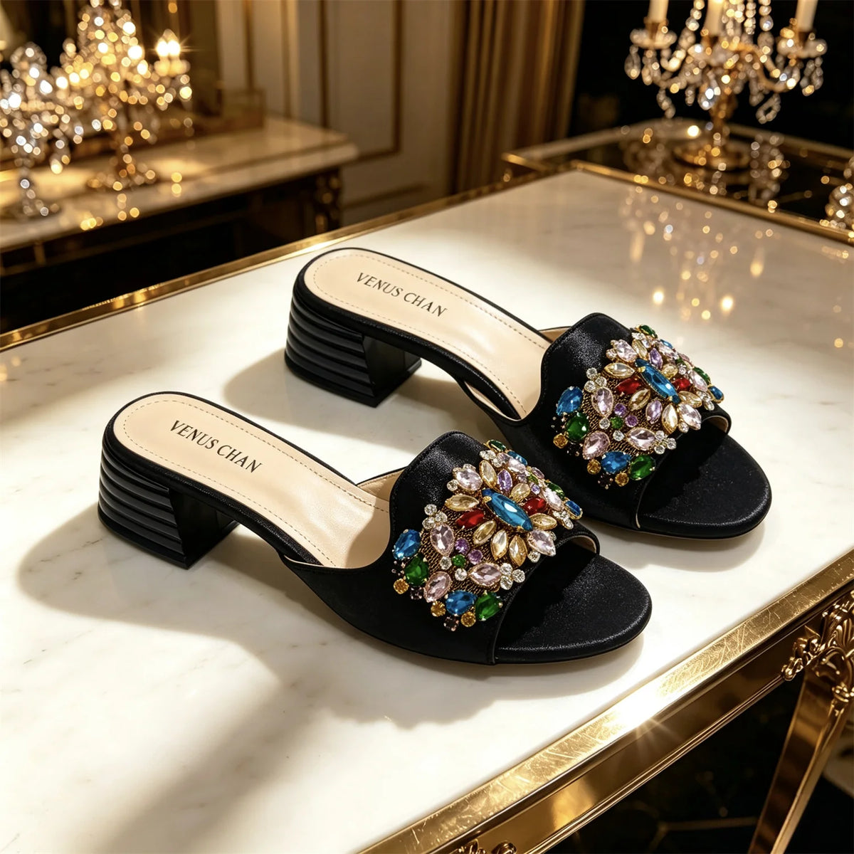 Venus Chan 2026 Luxury Italian Dark Black Rhinestone Peep Toe High Heels & Matching Bag for Women - Elegant Sandals