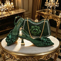 2026 Luxury Green 3D Rose Rhinestone Shoes And Bag Set Women Pointed Toe Slingback High Heels Matching Clutch For Wedding Party