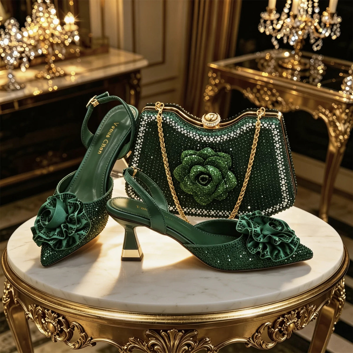2026 Luxury Green 3D Rose Rhinestone Shoes And Bag Set Women Pointed Toe Slingback High Heels Matching Clutch For Wedding Party