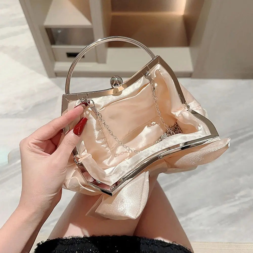 Gold Bright Silk Bowknot Evening Bag Women Elegant Fashion Banquet Clutch Chain Shoulder Bags Luxury Purse Female Party Handbags