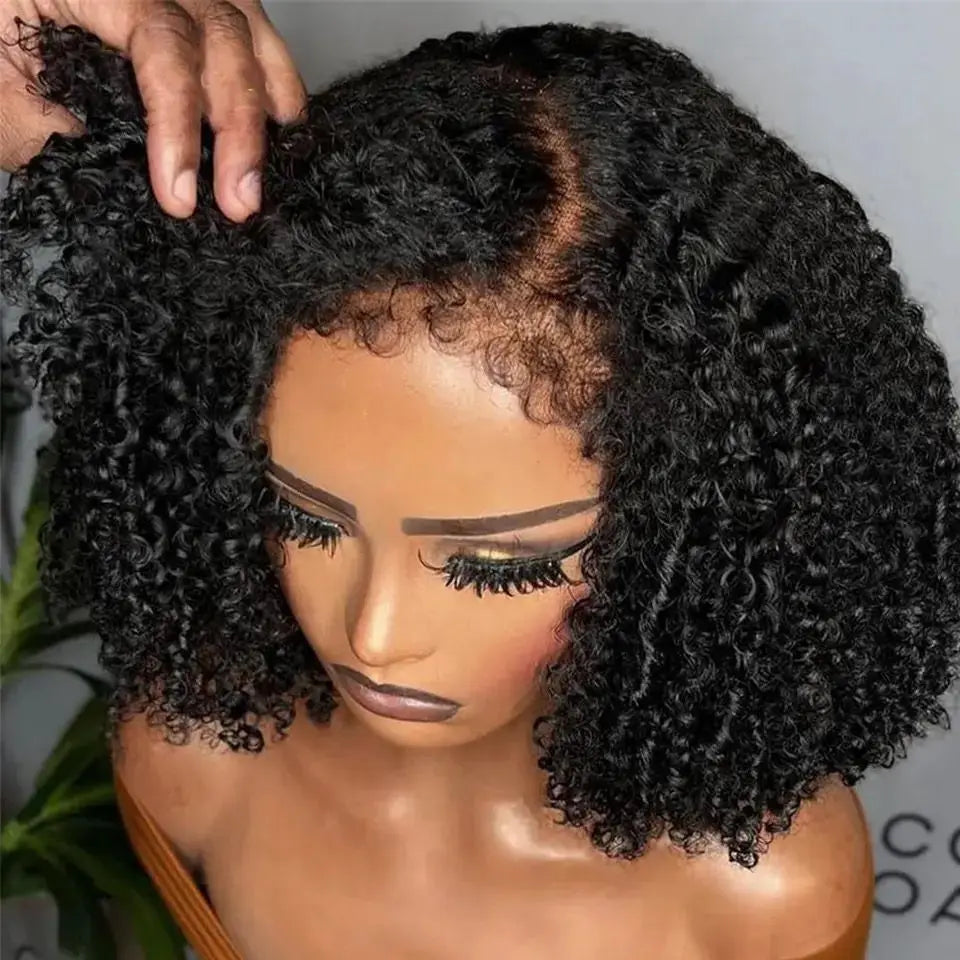 Short Bob Cut Kinky Curly Black Color 13X4 HD Transparent Lace Frontal Synthetic Wigs Glueless Wig Preplucked With Baby Hair