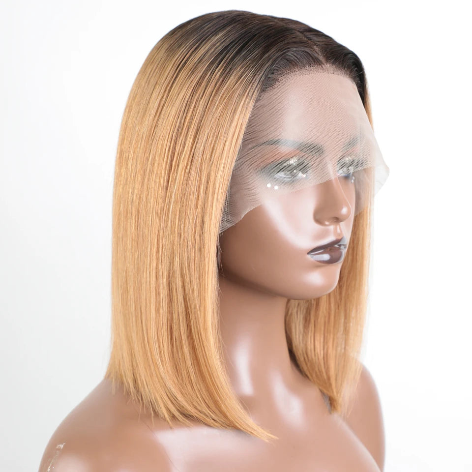 Lekker 100% Human Hair Wig Highlight Brown Long Pixie Straight Bob Middle Part Lace Front For Women Brazilian Remy Hair Glueless
