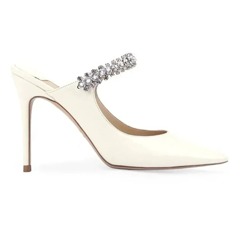 2026 New Fashionable Fine Heeled Muller Shoes with Pointed Water Diamond Chain Banquet Shallow Mouth Women's High Heel Sandals
