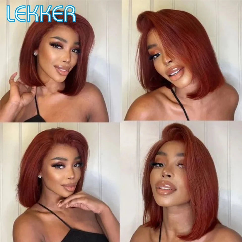 Lekker 100% Human Hair Wig Highlight Brown Long Pixie Straight Bob Middle Part Lace Front For Women Brazilian Remy Hair Glueless