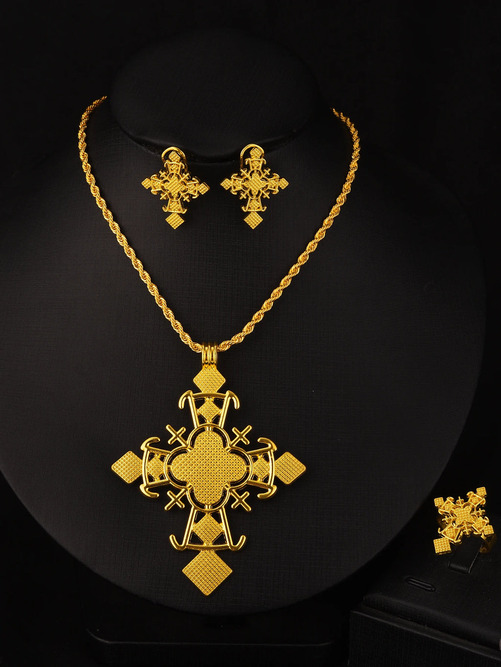 NEW Golden Color Ethiopian Cross Jewelry Set Necklace Earrings Ring 3-Piece Set African Eritrean Holiday Wedding Engagement Gift